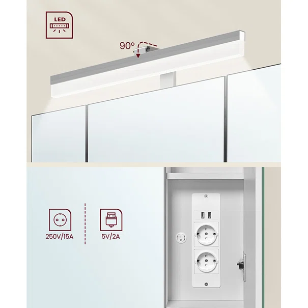 Καθρέφτης Μπάνιου Με Led - Ντουλάπι & Ενσωματωμένες Πρίζες (70x16.5x75) Vasagle BBK126W01V1