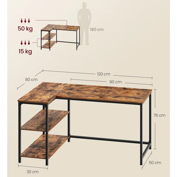 Γωνιακό Γραφείο Υπολογιστή Με 2 Ράφια (120x80x76) Vasagle LWD136KD01