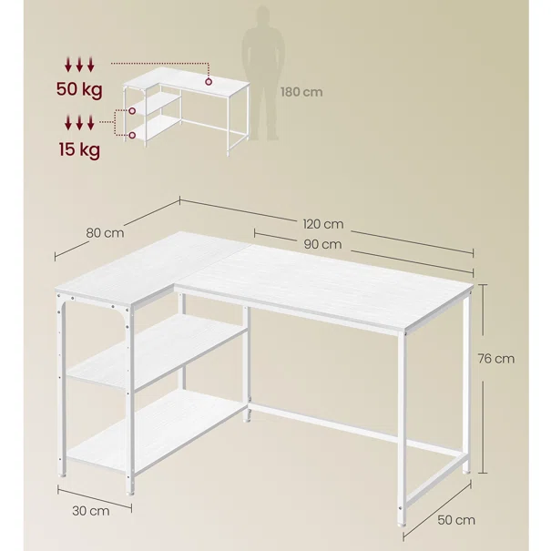 Γωνιακό Γραφείο Υπολογιστή Με 2 Ράφια (120x80x76) Vasagle LWD136WF01