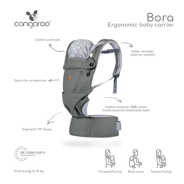 Μάρσιπος Εργονομικός (5+ Μηνών/ 3.6-15kg) Cangaroo Bora Grey BC2060