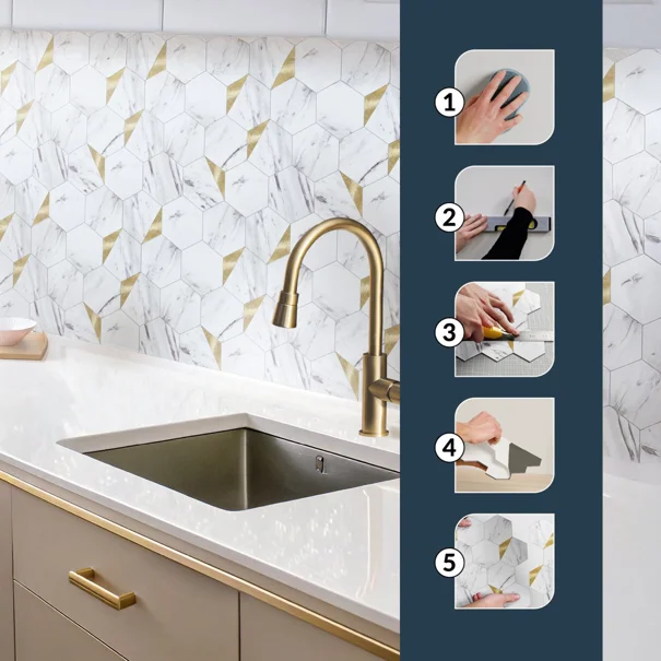 Αυτοκόλλητα Πλακάκια (Σετ 4τμχ) L-C Hexa Marble/Gold 1770145