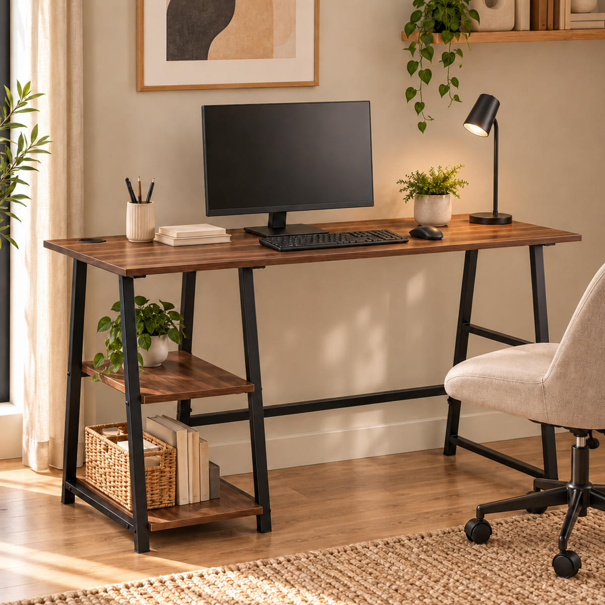 Γραφείο Υπολογιστή Με 2 Ράφια (120x50x73) Spitishop Nuez Walnut/Black