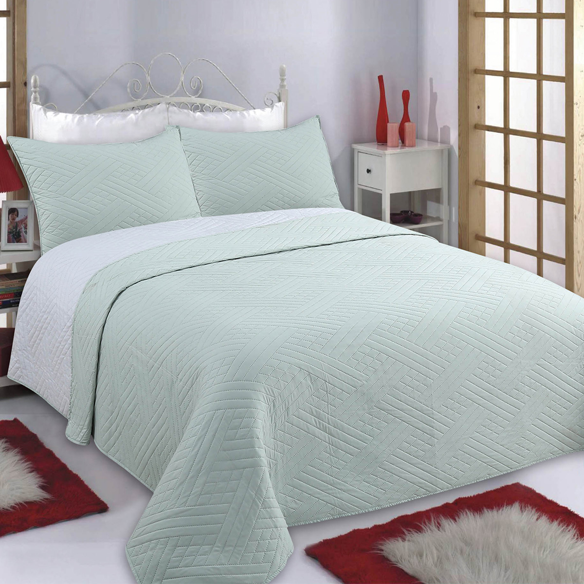 Κουβερλί Υπέρδιπλο (Σετ 220x240) 2 Όψεων Silk Fashion Diamond Mint/Grey