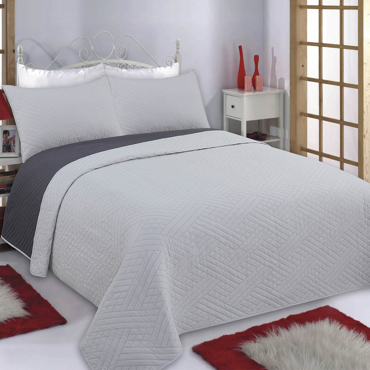 Κουβερλί King Size (Σετ 240x260) 2 Όψεων Silk Fashion Diamond Grey/Anthracite