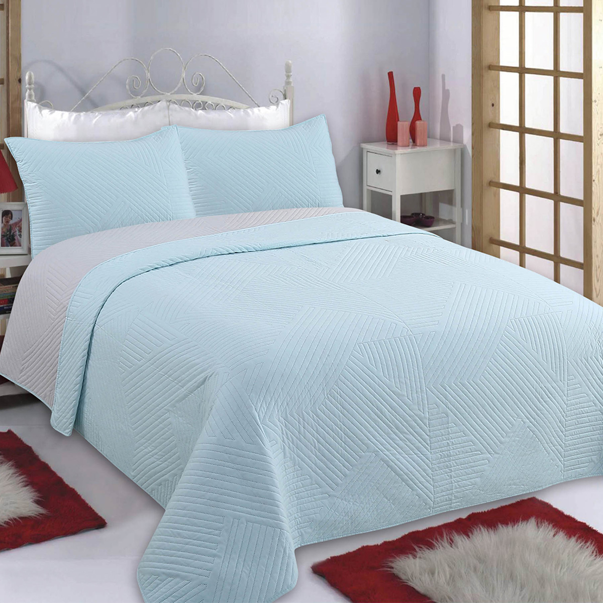 Κουβερλί King Size (Σετ 240x260) 2 Όψεων Silk Fashion Lines Sky Blue/Grey