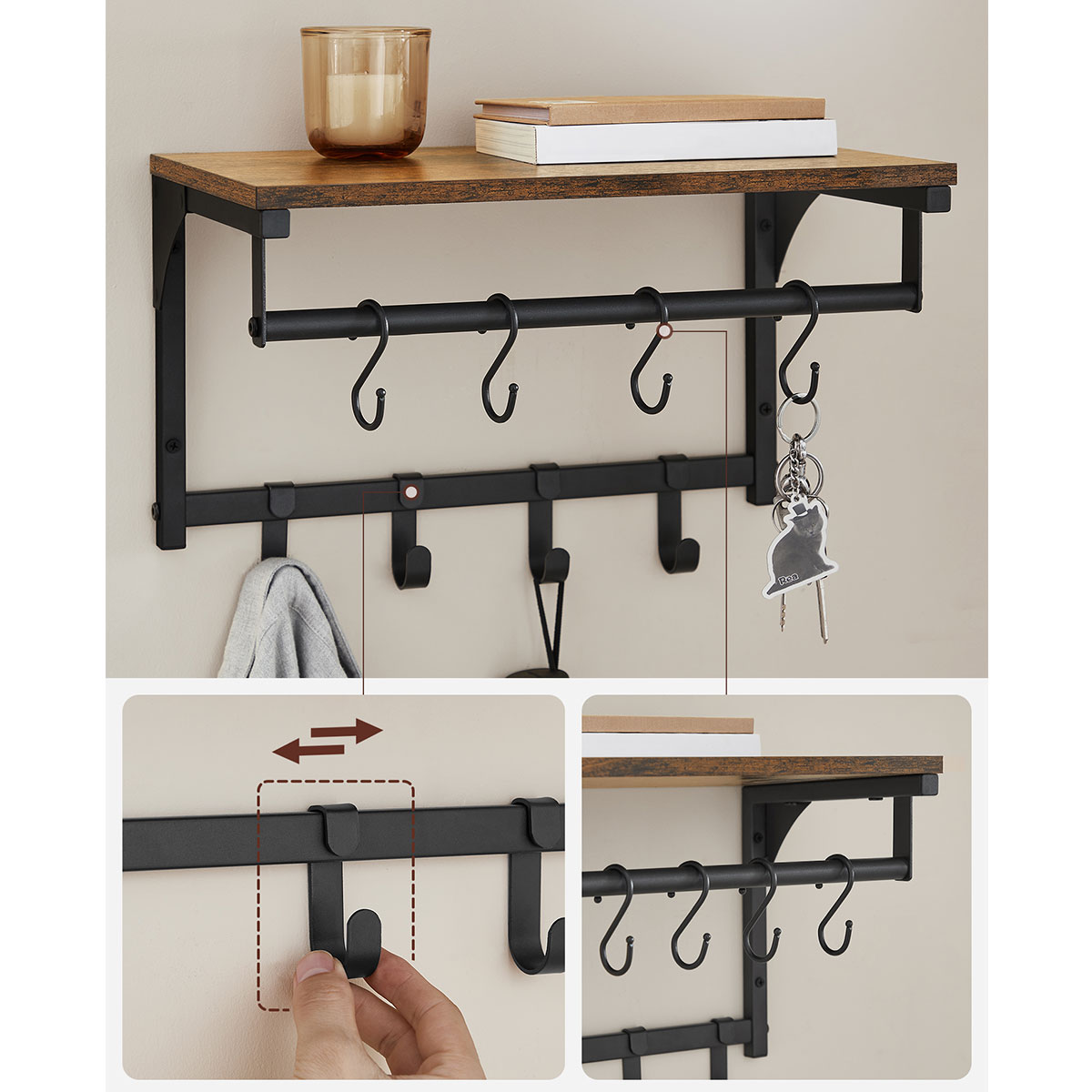 Κρεμάστρα Τοίχου 8 Θέσεων με Ράφι (40X24X24) Vasagle Lcr103B01 Οργάνωση & Αποθήκευση Κρεμάστρες Spitishop