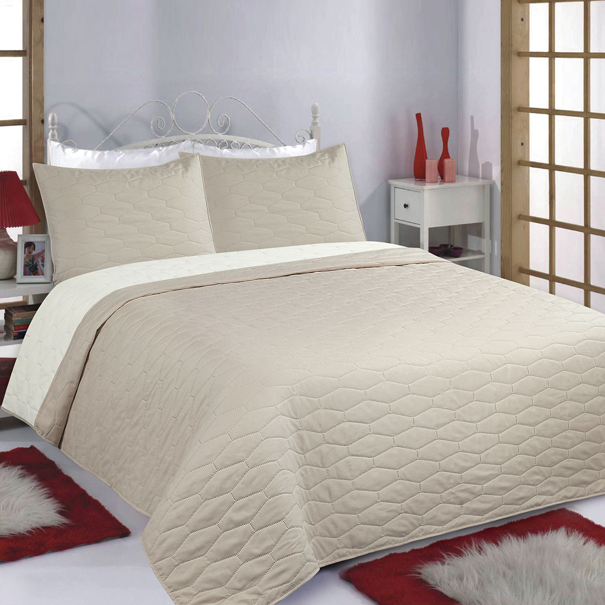 Κουβερλί Υπέρδιπλο (Σετ 220x240) 2 Όψεων Silk Fashion Ruby Beige-Ivory
