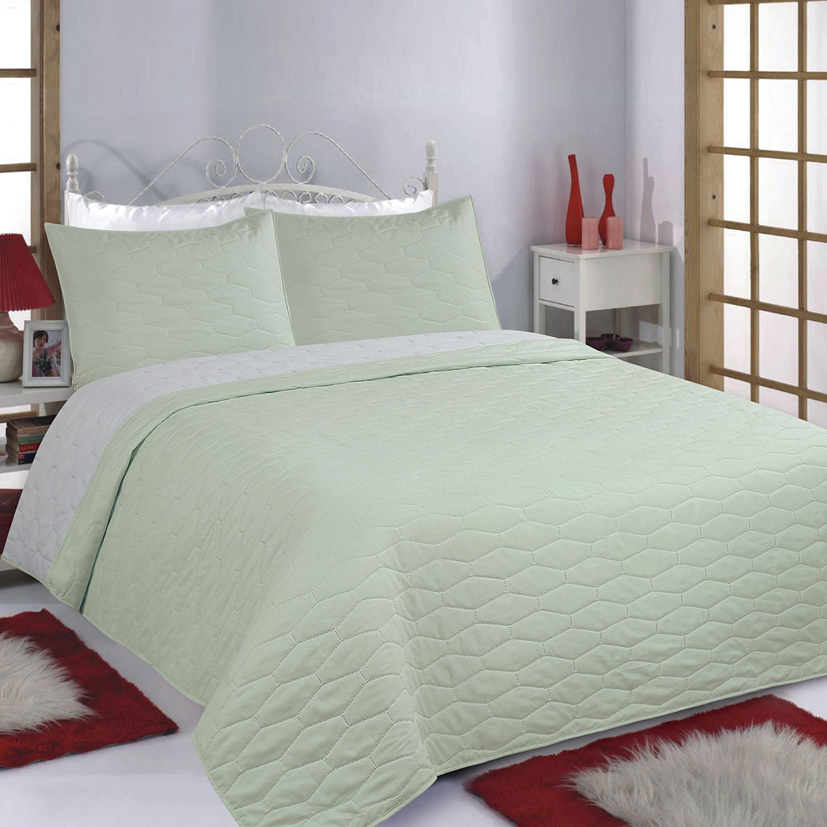 Κουβερλί King Size (Σετ 240x260) 2 Όψεων Silk Fashion Ruby Mint-Grey