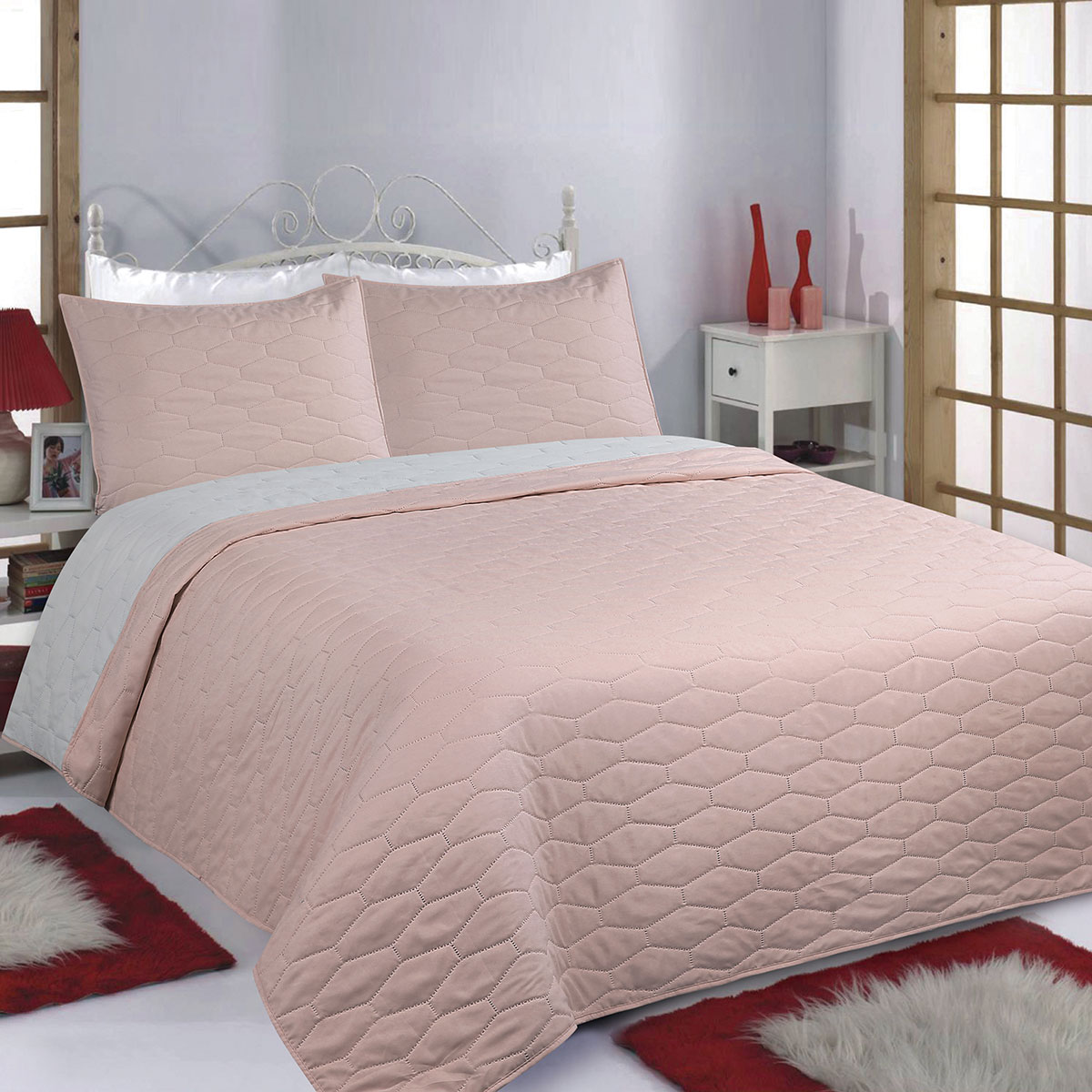 Κουβερλί Υπέρδιπλο (Σετ 220x240) 2 Όψεων Silk Fashion Ruby Pink-Grey