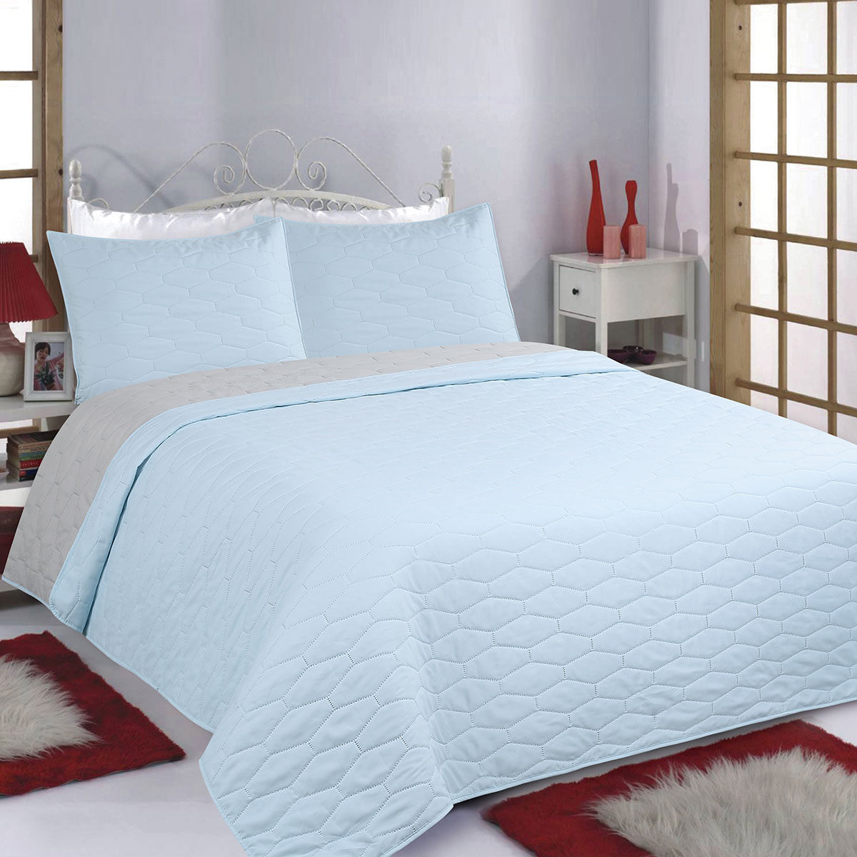 Κουβερλί King Size (Σετ 240x260) 2 Όψεων Silk Fashion Ruby Blue-Grey