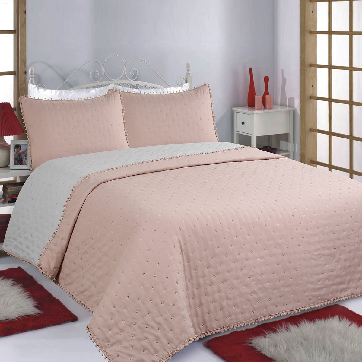 Κουβερλί King Size (Σετ 240x260) 2 Όψεων Silk Fashion Pon Pon Pink-Grey