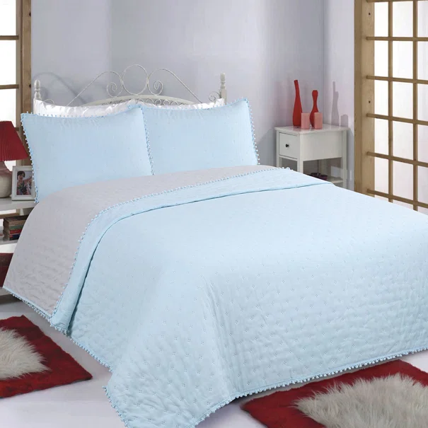 Κουβερλί King Size (Σετ 240x260) 2 Όψεων Silk Fashion Pon Pon Sky Blue-Grey