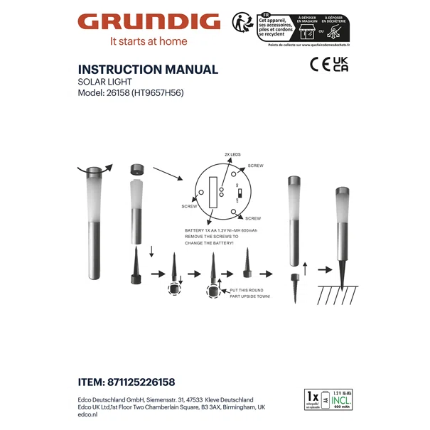 Ηλιακό Φωτιστικό Καρφωτό (Φ7.5x56) Grundig 871125226158