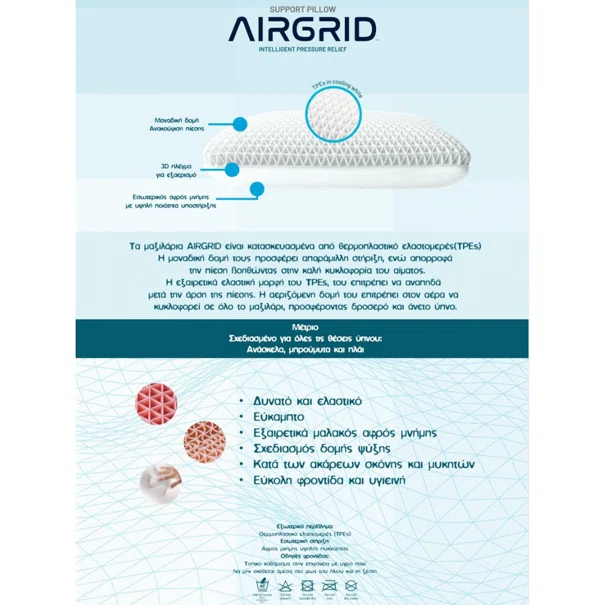 Μαξιλάρι Ύπνου Μέτριo (40x60) Palamaiki Air Grid Memory Foam