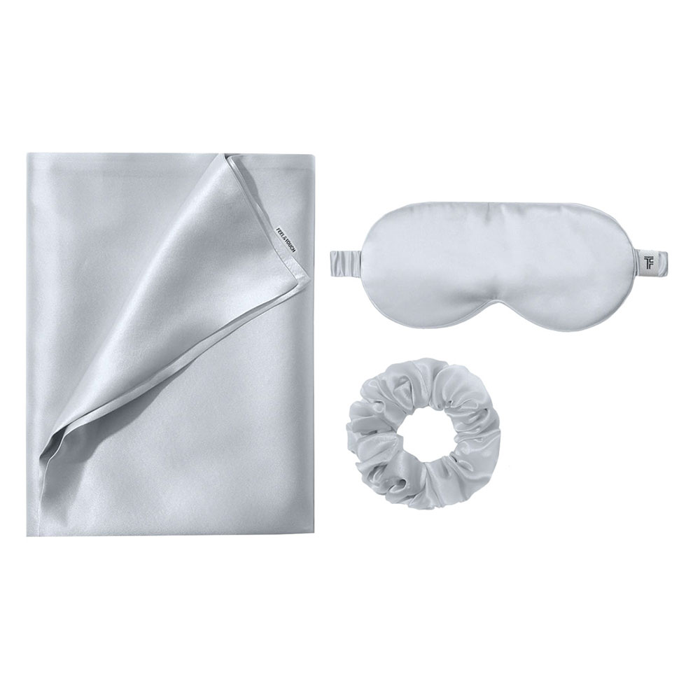 Μεταξωτή Μαξιλαροθήκη + Μάσκα Ύπνου + Scrunchie Feel & Touch Beauty Sleep Silver