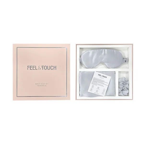 Μεταξωτή Μαξιλαροθήκη + Μάσκα Ύπνου + Scrunchie Feel & Touch Beauty Sleep Silver