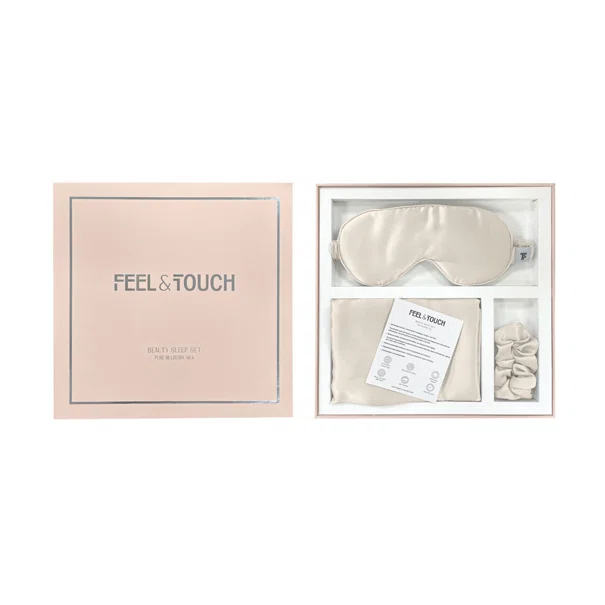 Μεταξωτή Μαξιλαροθήκη + Μάσκα Ύπνου + Scrunchie Feel & Touch Beauty Sleep Champagne