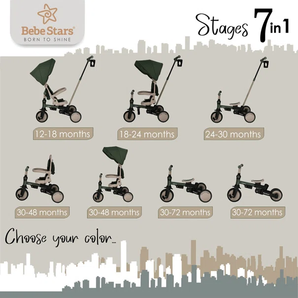 Ποδήλατο Τρίκυκλο (12 Μηνών - 6 Ετών) Bebe Stars Urban 7 In 1 Forest Green 822-179