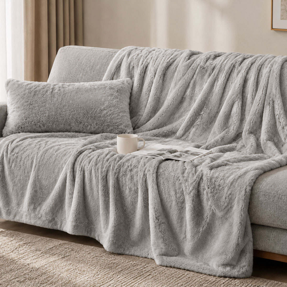 Ριχτάρι Καναπέ Τριθέσιου Γούνινο (180x280) Pol Rugs & Mats Rabbit Silver