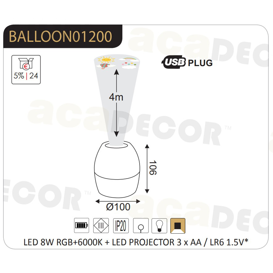 Παιδικό Φωτάκι Νυκτός Led Προβολέας Aca Balloon Φωτιστικά Παιδικά για Κορίτσια Spitishop