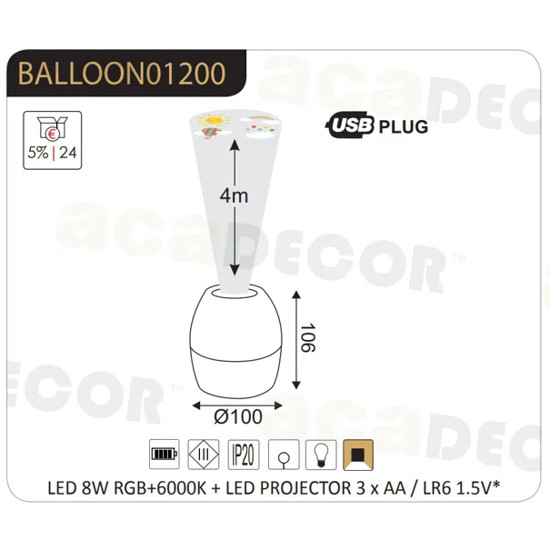 Παιδικό Φωτάκι Νυκτός LED & Προβολέας Aca Balloon