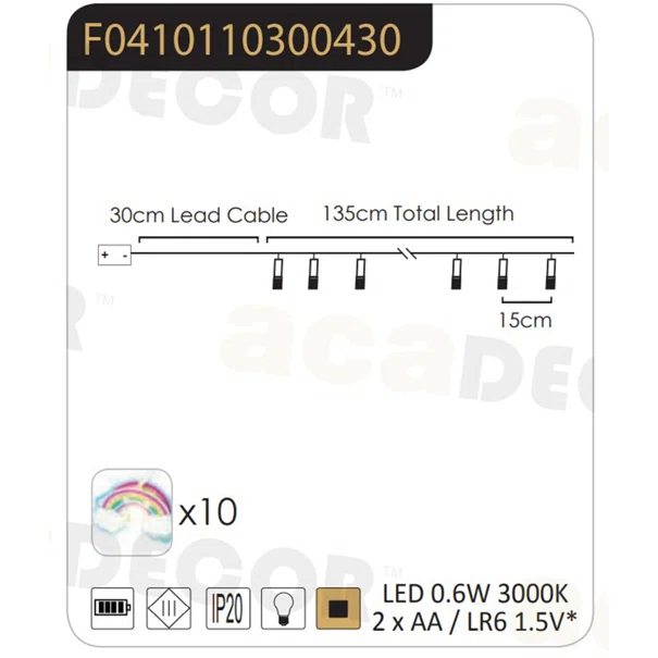 Διακοσμητική Γιρλάντα Μπαταρίας Με 10 LED Φωτάκια Aca F04101103 Rainbow