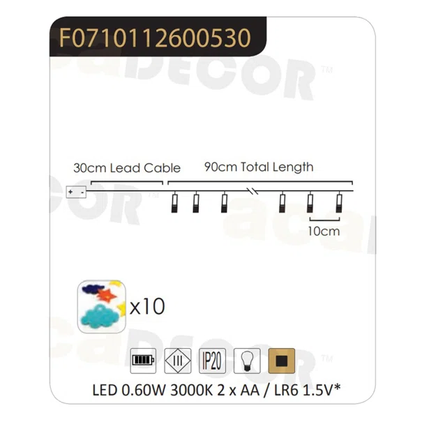 Διακοσμητική Γιρλάντα Μπαταρίας Με 10 LED Φωτάκια Aca Holma F07101126 Cloud-Star