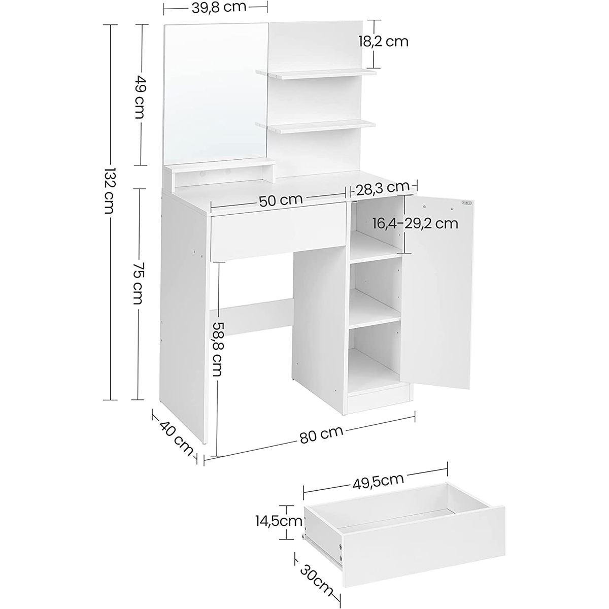 Μπουντουάρ με Καθρέφτη (80X40X132) Vasagle Rdt119Wb01 Έπιπλα Κρεβατοκάμαρας & Τουαλέτες Spitishop