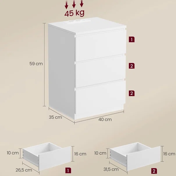 Κομοδίνο Με Ενσωματωμένες Πρίζες & USB (40x35x59) Vasagle LET631W14V2