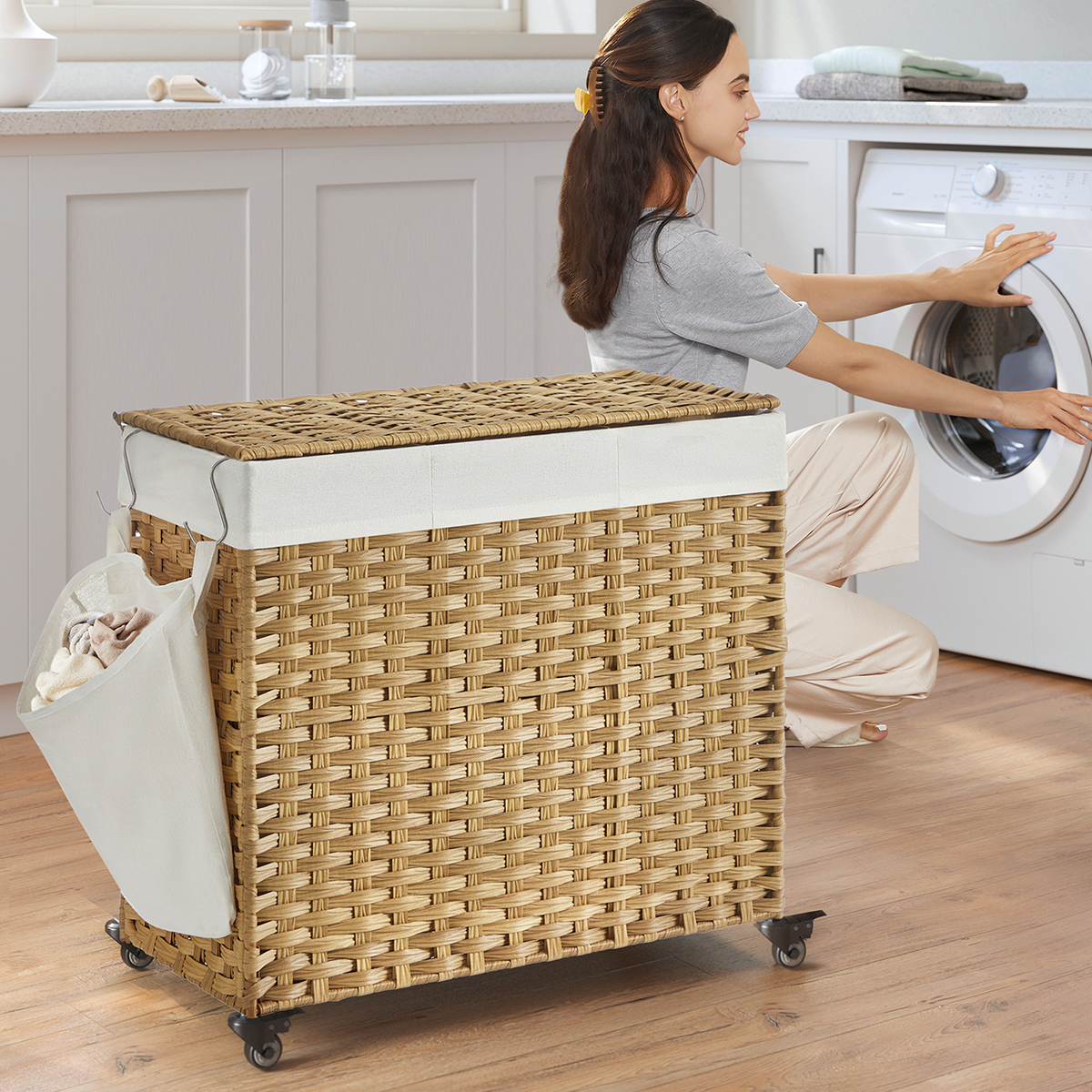 Καλάθι Απλύτων 3 Θέσεων Με Ροδάκια (66x33x66) Songmics LCB363N01