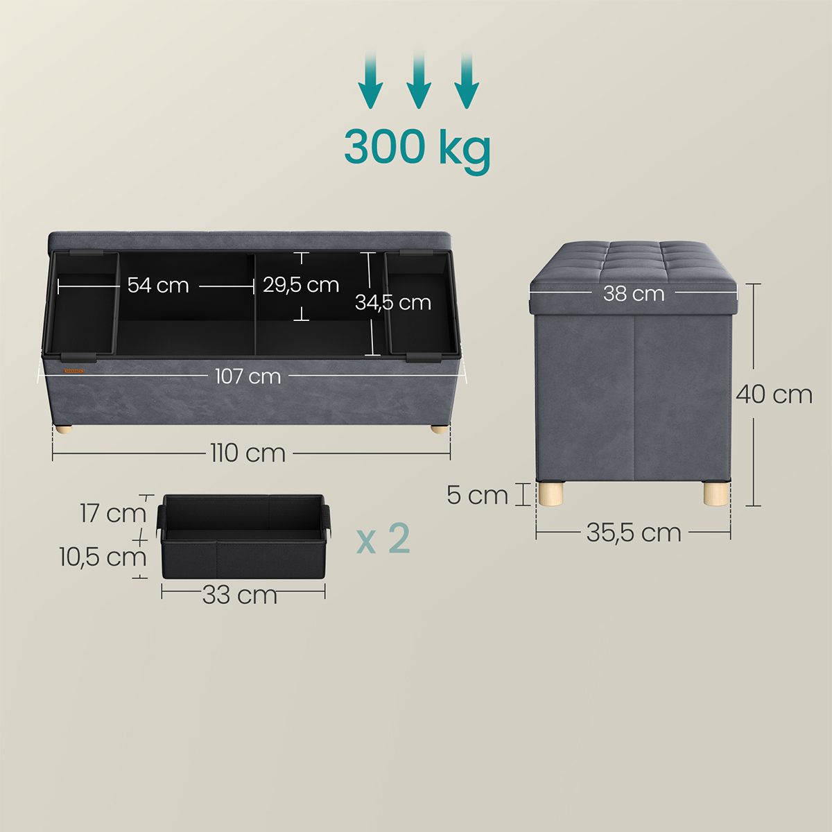 Ταμπουρέ με Αποθηκευτικό Χώρο (110X38X40) Songmics Lsf0518G02 Έπιπλα Σκαμπό Κρεβατοκάμαρας Spitishop