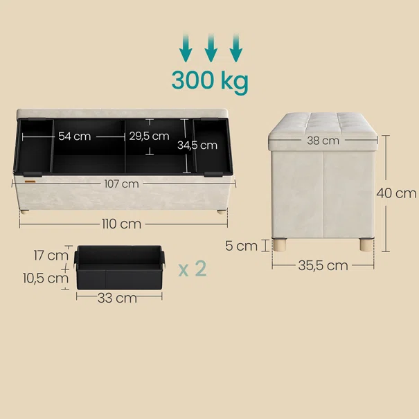 Ταμπουρέ Με Αποθηκευτικό Χώρο (110x38x40) Songmics LSF0518W02