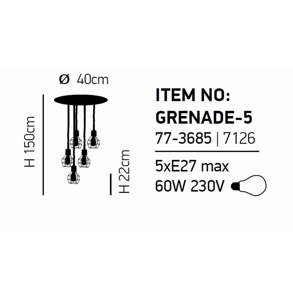 Φωτιστικό Οροφής Πολύφωτο Homelighting Grenade 77-3685 Rope Black Matt Φωτιστικά Κρεμαστά Τραπεζαρίας Spitishop