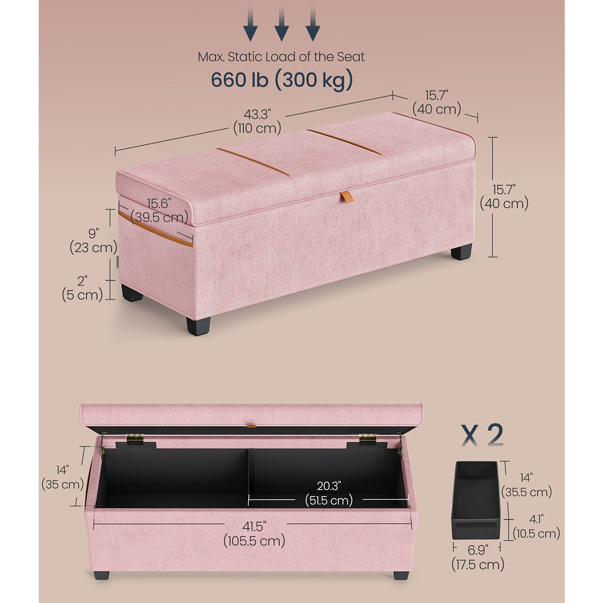 Ταμπουρέ με Αποθηκευτικό Χώρο (110X40X40) Songmics Lsf533R01 Έπιπλα Σκαμπό Κρεβατοκάμαρας Spitishop