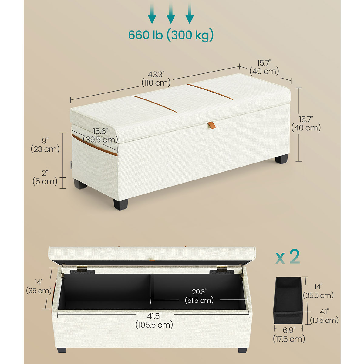 Ταμπουρέ με Αποθηκευτικό Χώρο (110X40X40) Songmics Lsf533W01 Έπιπλα Σκαμπό Κρεβατοκάμαρας Spitishop