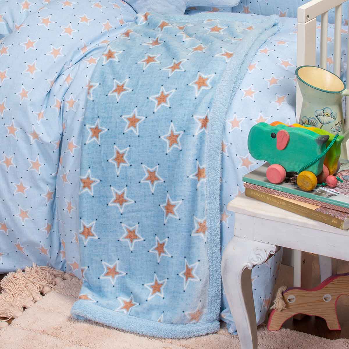 Κουβέρτα Fleece Αγκαλιάς Με Γουνάκι (80x105) Melinen Mini Stars Boy