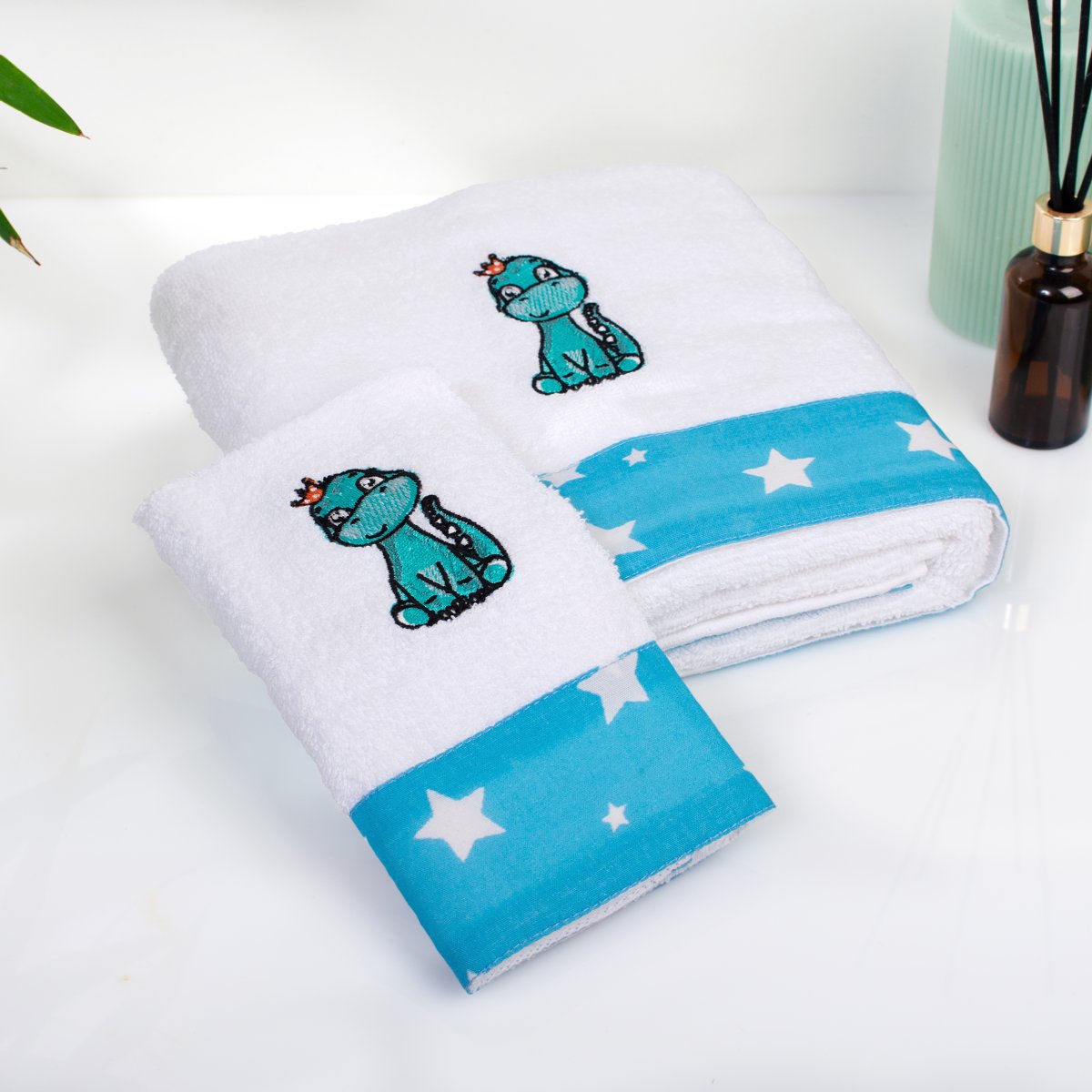 Παιδικές Πετσέτες (Σετ 2τμχ) Dimcol Dinosaur 180 White-Sky Blue