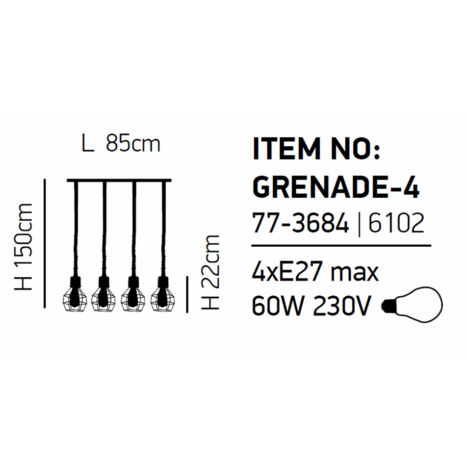 Φωτιστικό Οροφής Πολύφωτο Homelighting Grenade 77-3684 Rope Black Matt Φωτιστικά Κρεμαστά Τραπεζαρίας Spitishop