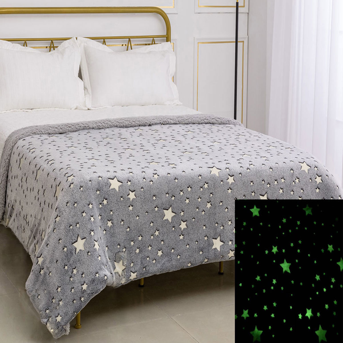 Φωσφοριζέ Κουβέρτα Fleece Μονή Με Γουνάκι (170x220) Silk Fashion Star Γκρι