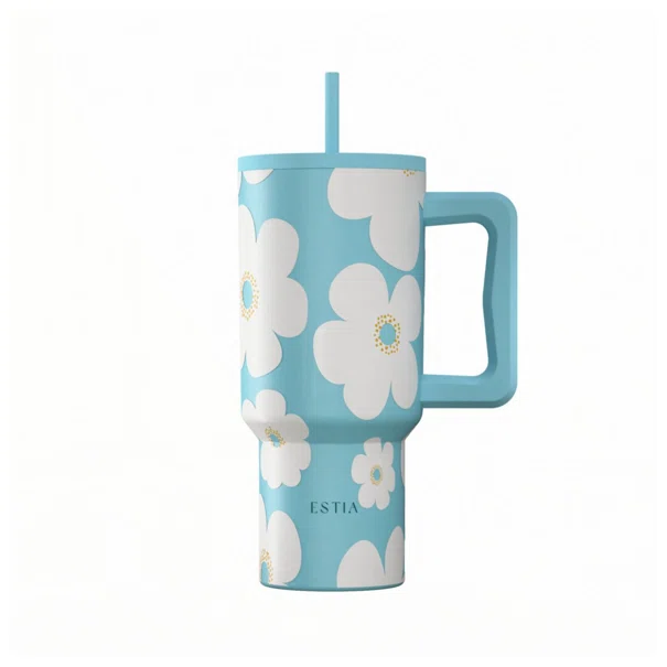 Κούπα Θερμός Με Λαβή & Καλαμάκι 900ml Estia Save The Aegean Tumbler Blue Daisy 01-41618