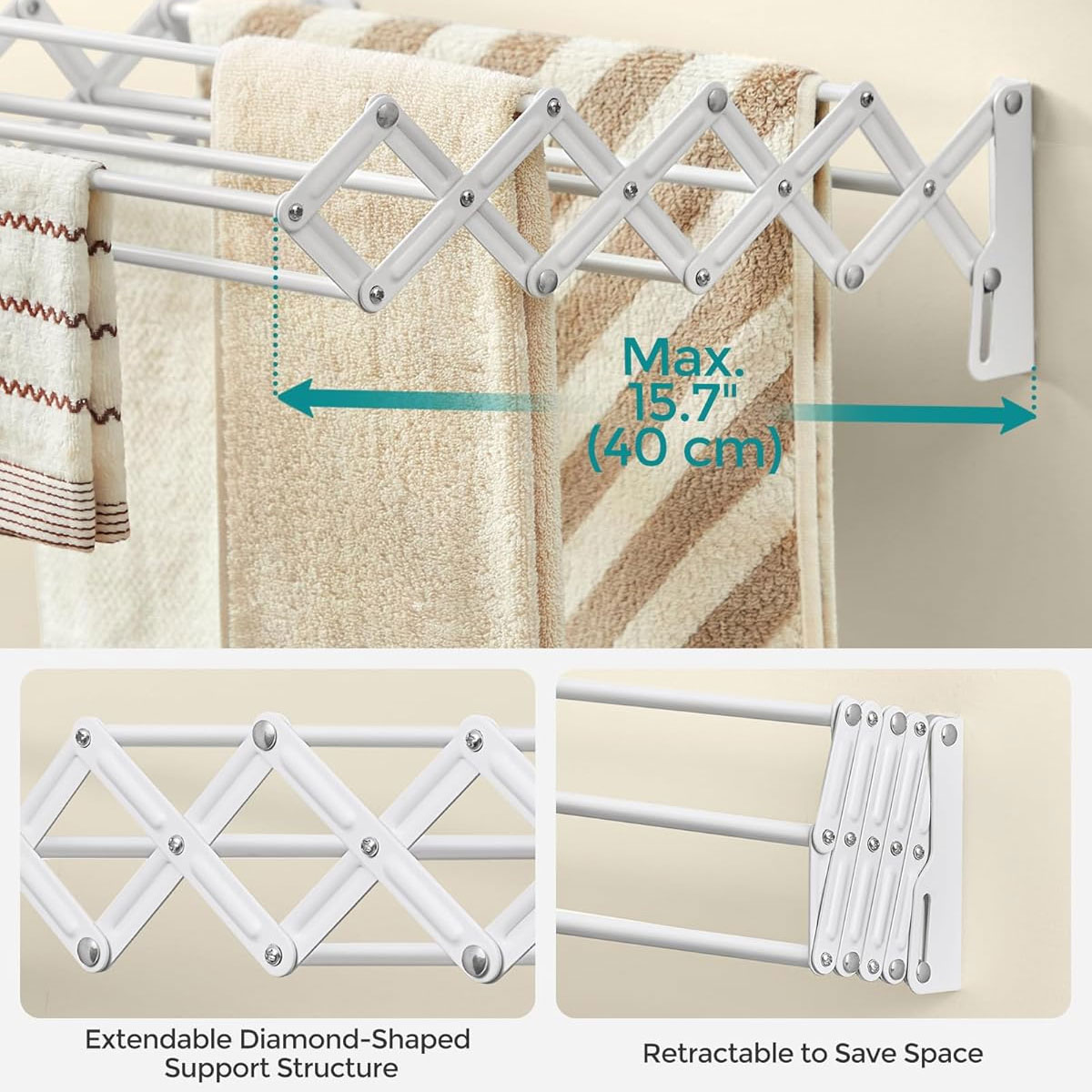 Πτυσσόμενη Απλώστρα Τοίχου (10-40X42X12) Songmics Llr802W01 Οργάνωση & Αποθήκευση Πλύσιμο Σιδέρωμα Ρούχων Άπλωμα Spitishop