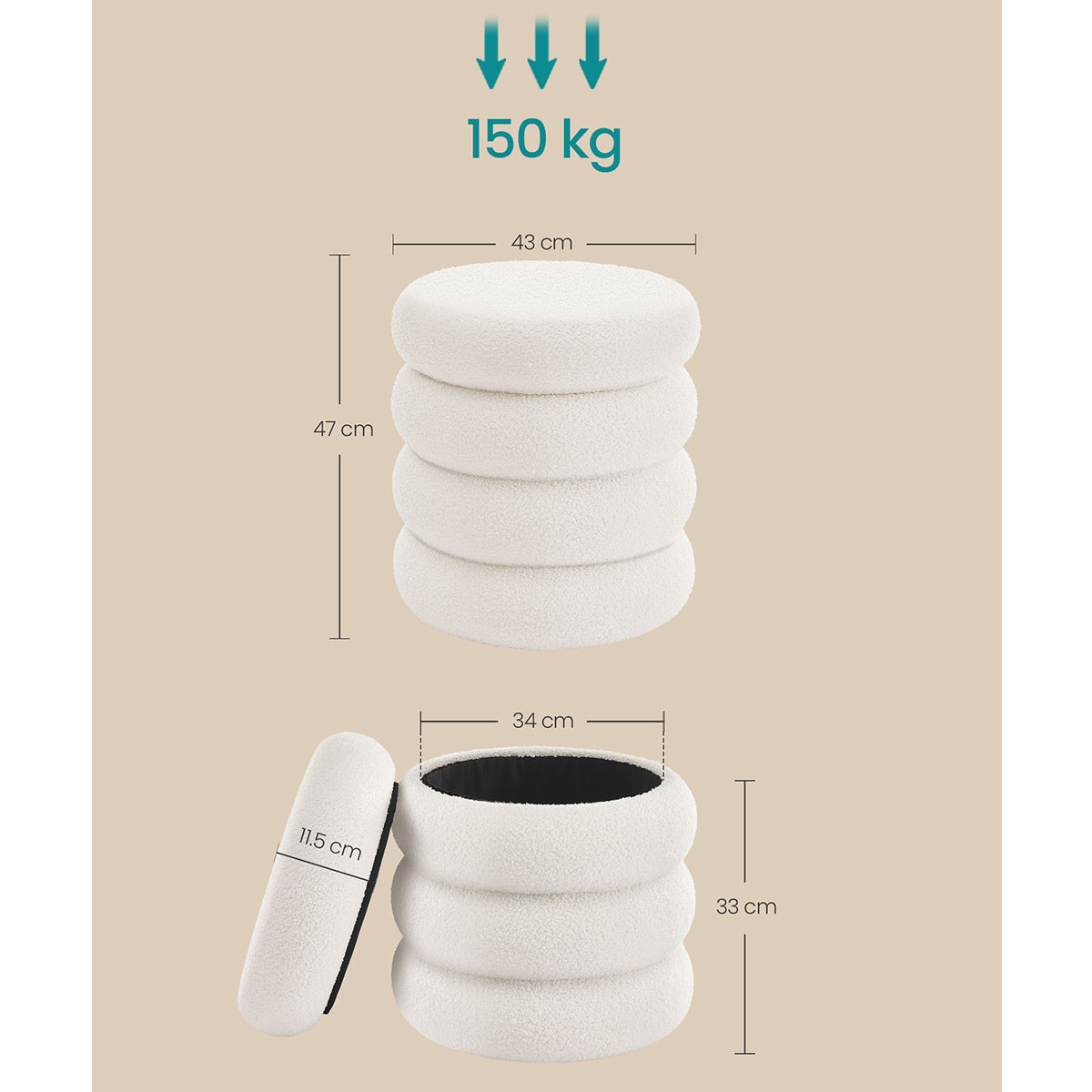 Σκαμπό με Αποθηκευτικό Χώρο (Φ43X47) Songmics Lom015Wd01 Έπιπλα Spitishop