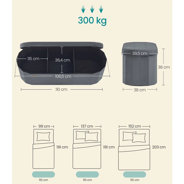 Ταμπουρέ Με Αποθηκευτικό Χώρο (110x38x38) Songmics LSF297GN02
